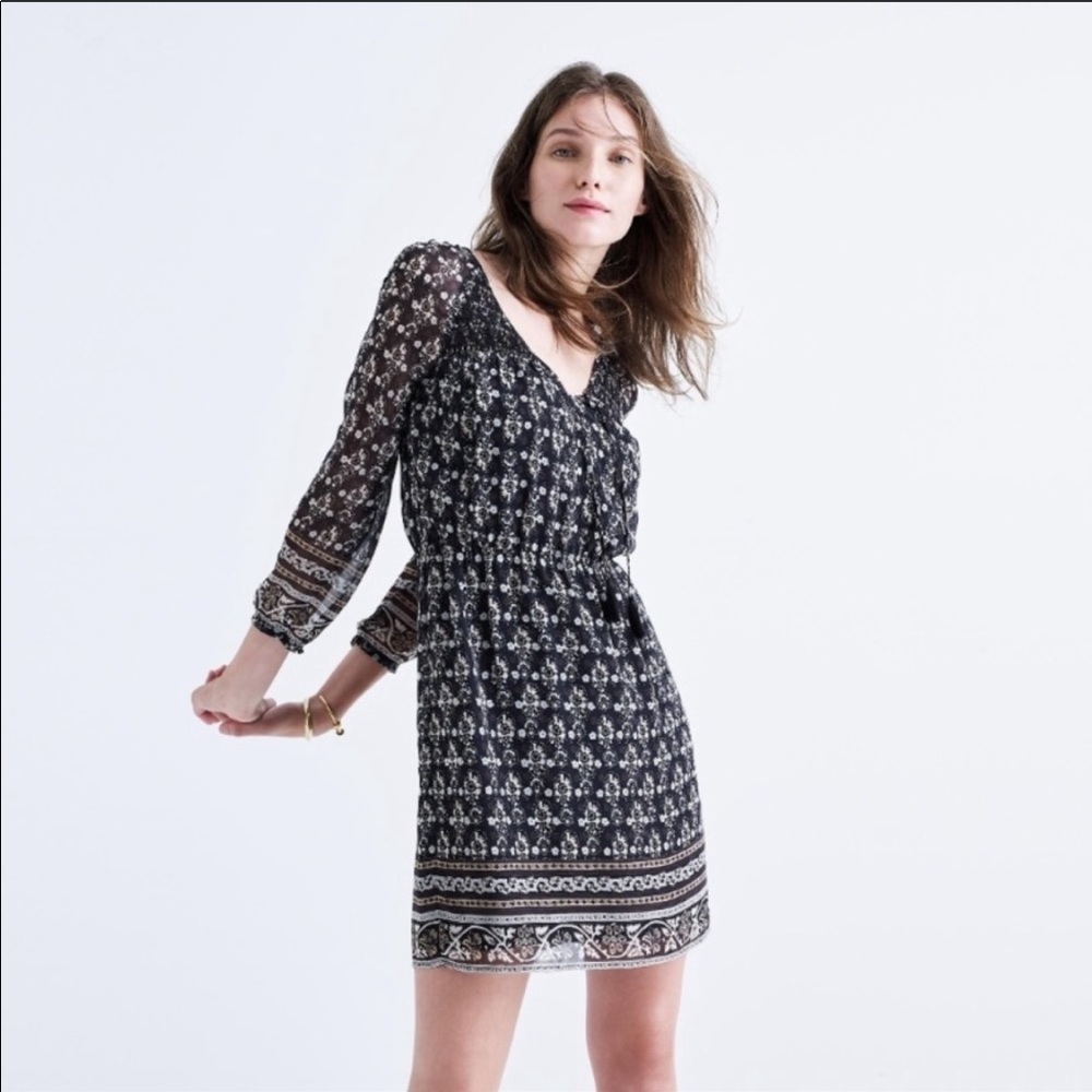 Madewell long sleeve black floral peasant dress